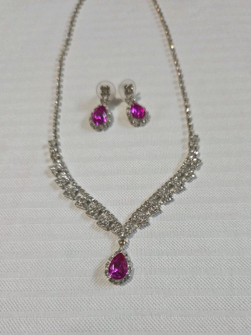 Hot Pink And Clear Rhinestone Necklace And Earrings Set Formal Prom Jewelry Set